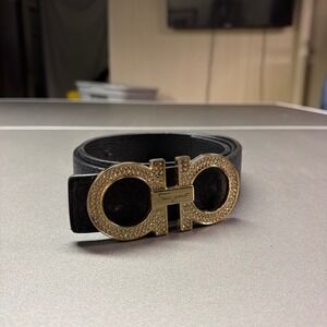 Salvatore Ferragamo Black Leather Belt with Gold Crystal Gancini Buckle